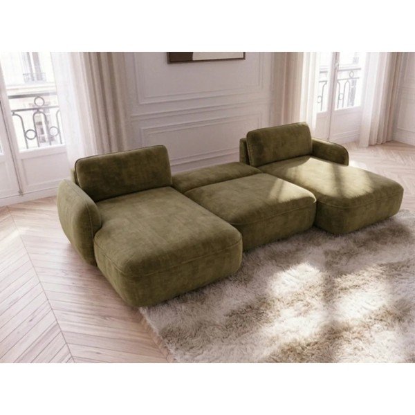 Zöld bársony kinyitható-tárolóhelyes (U alakú) sarokkanapé Celeste – Bobochic Paris-image-2