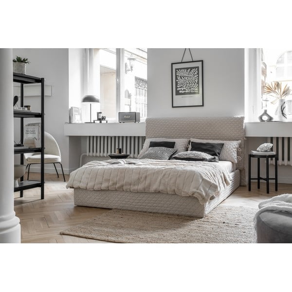 Bézs kárpitozott franciaágy tárolóhellyel ágyráccsal, 140x200 cm Sleepy Luna – Miuform-image-1