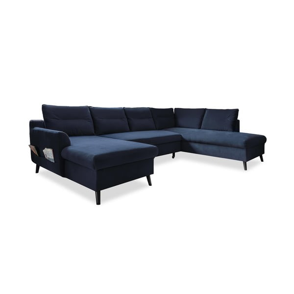 Stylish Stan sötétkék kinyitható U alakú bársony kanapé, jobb oldali - Miuform