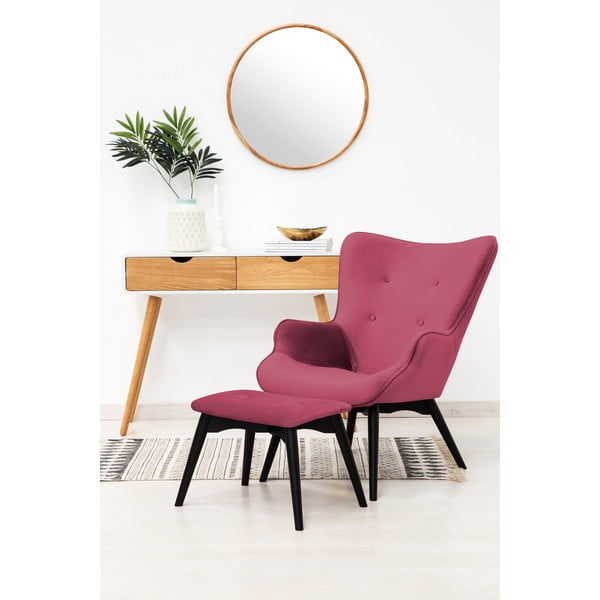 Cora Velvet rózsaszín fotel és lábtartó, fekete lábszerkezet - Vivonita-image-1