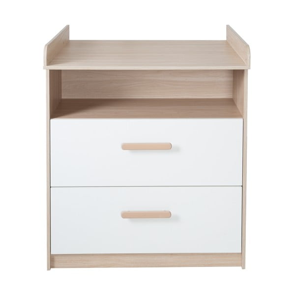 Fehér-natúr színű gyerek komód pelenkázó feltéttel, tölgyfa dekorral 88x98x75 cm Cabane – Roba