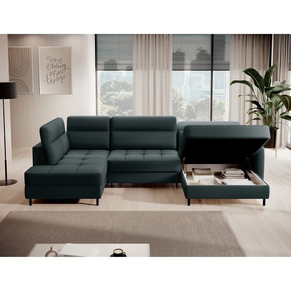 Zöld bársony kinyitható-tárolóhelyes sarokkanapé (bal oldali-U alakú) Berrto – ELTAP-image-3