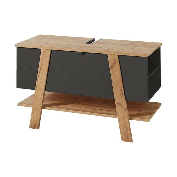 Sötétszürke mosdókagyló alatti szekrény tölgyfa dekorral 111x67 cm Avellino - Germania-image-3
