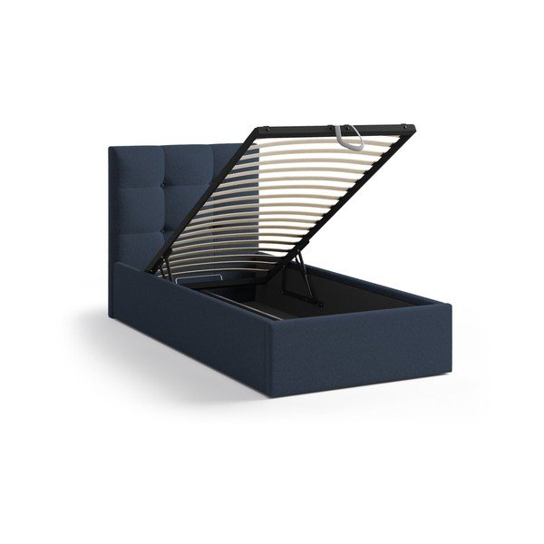 Kék kárpitozott ágyneműtartós egyszemélyes ágy ágyráccsal 90x200 cm Phaedra – Micadoni -image-1