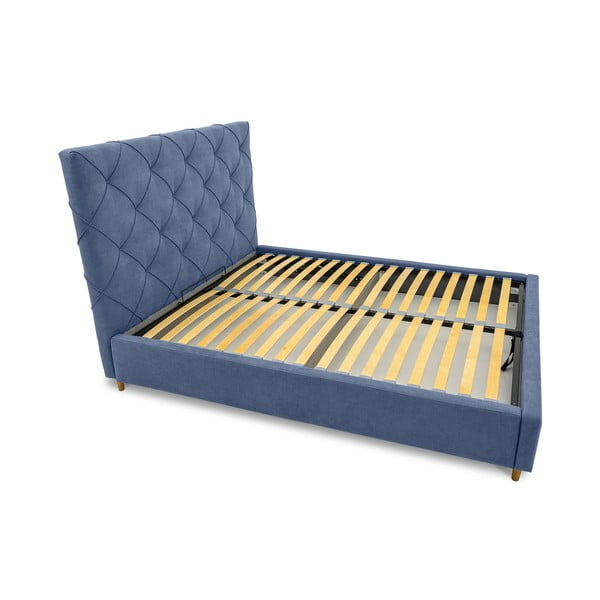 Kék kárpitozott ágyneműtartós franciaágy ágyráccsal 160x200 cm Bee – Scandic-image-4