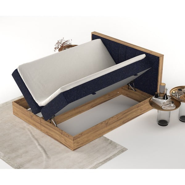 Sötétkék-natúr színű ágyneműtartós boxspring ágy 140x200 cm Asahi – Maison de Rêve-image-4