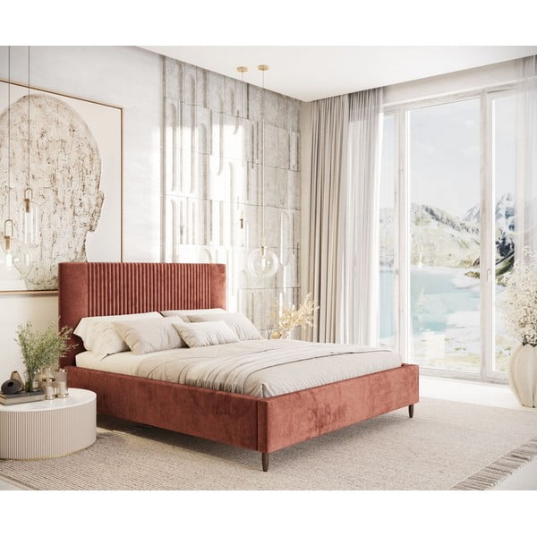 Téglavörös kárpitozott ágyneműtartós franciaágy ágyráccsal 140x200 cm Etero – Maison de Rêve-image-1