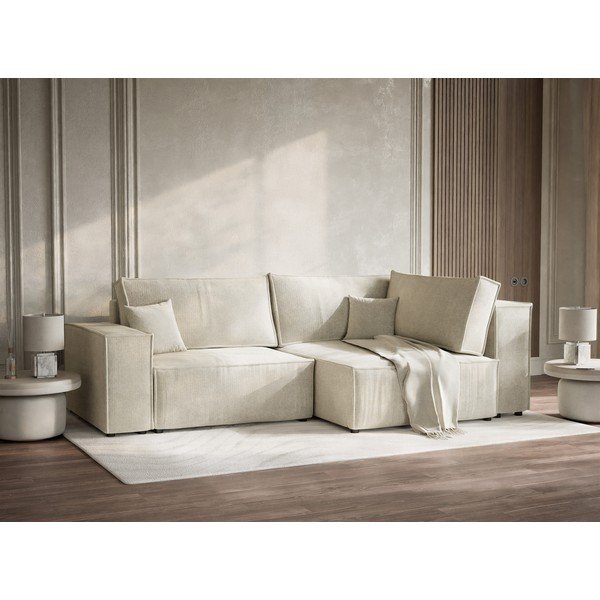 Krémszínű zsenília kinyitható-tárolóhelyes sarokkanapé (jobb oldali-L alakú) Tonga – Maison de Rêve-image-4