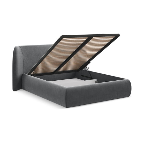 Sötétszürke kárpitozott ágyneműtartós franciaágy ágyráccsal 140x200 cm Hauke – Makamii-image-2