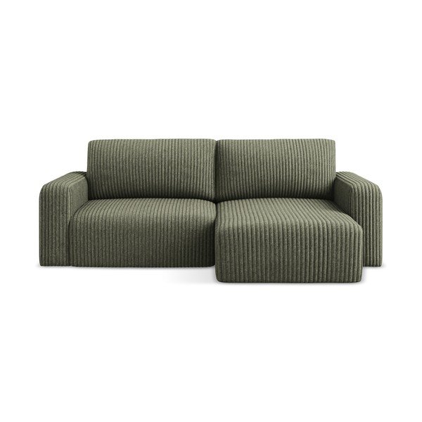 Zöld kordbársony kinyitható-tárolóhelyes sarokkanapé (jobb oldali-heverő résszel) Kona – Makamii