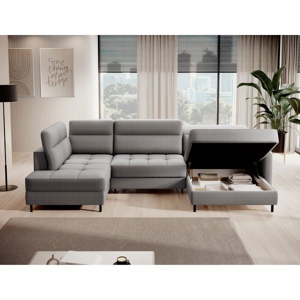 Világosszürke bársony kinyitható-tárolóhelyes sarokkanapé (bal oldali-U alakú) Berrto – ELTAP-image-3