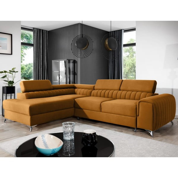 Sárga bársony kinyitható-tárolóhelyes sarokkanapé (bal oldali-L alakú) Laurence – ELTAP-image-1