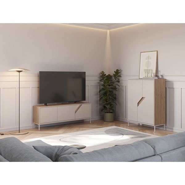 Krémszínű-natúr színű komód tölgyfa dekorral 85x120x40 cm Lilou – Marckeric-image-1