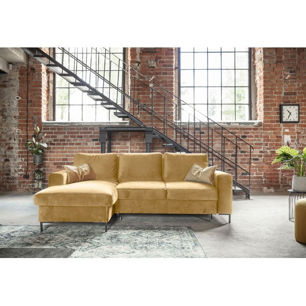 Lofty Lilly mustársárga kinyitható bársony sarokkanapé, bal oldali - Miuform-image-1