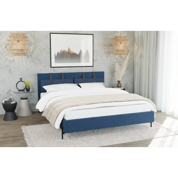 Sötétkék kárpitozott franciaágy ágyráccsal 160x200 cm Tulsa – Ropez-image-2