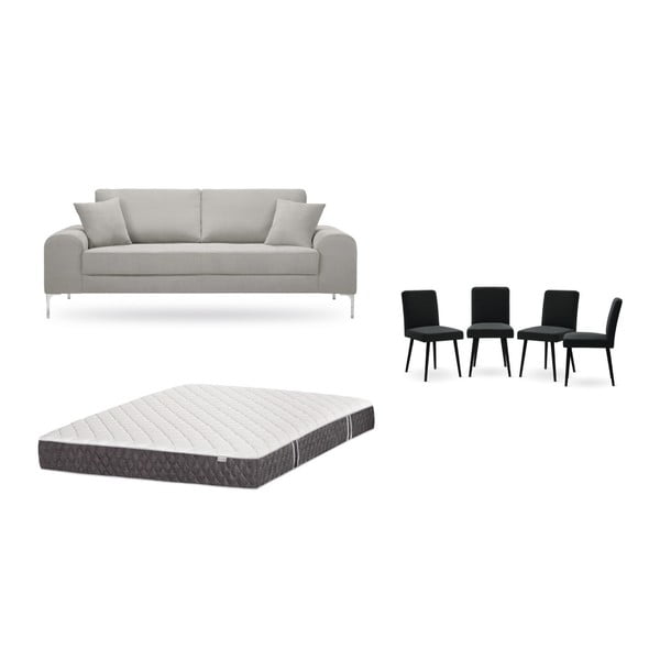 Világosszürke, háromszemélyes kanapé, 4 db fekete szék, matrac (160 x 200 cm) szett - Home Essentials