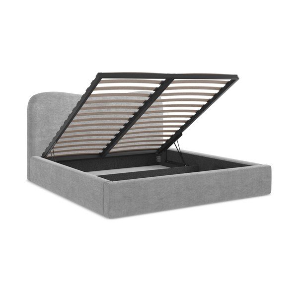 Világosszürke kárpitozott ágyneműtartós franciaágy ágyráccsal 160x200 cm Kahai – Makamii-image-3