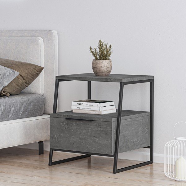 Szürke éjjeliszekrény polcokkal Pal – Kalune Design-image-1
