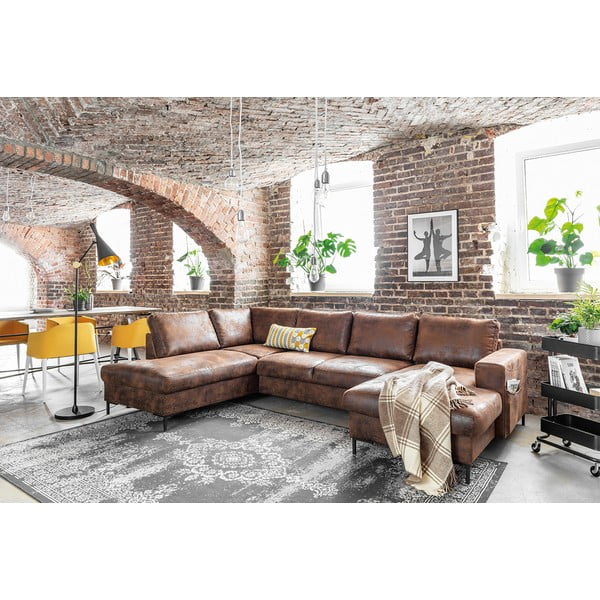 Lofty Lilly Vintage barna kinyitható U alakú bőrutánzat kanapé, bal oldali - Miuform-image-4