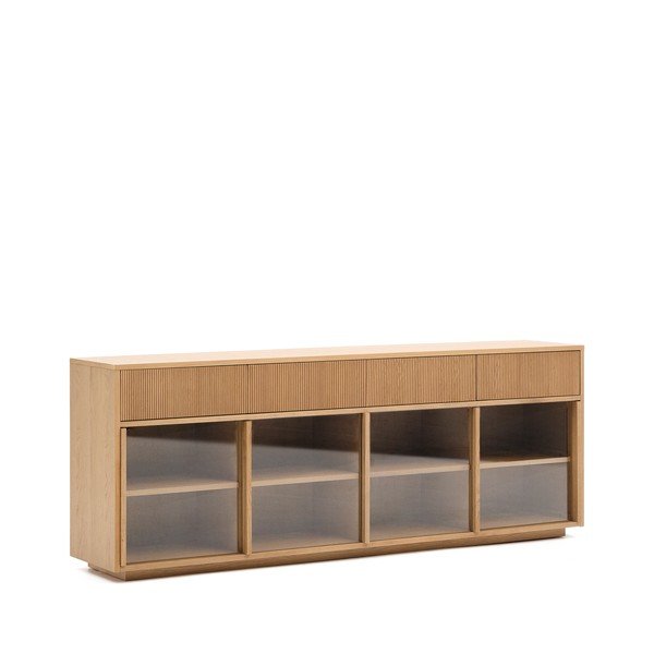 Natúr színű tálalószekrény tolóajtóval tölgyfa dekorral 200x80x40 cm Helvine – Kave Home-image-2