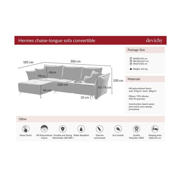 Hermes sötét rózsaszín kinyitható bársony sarokkanapé, bal oldali - devichy-image-4