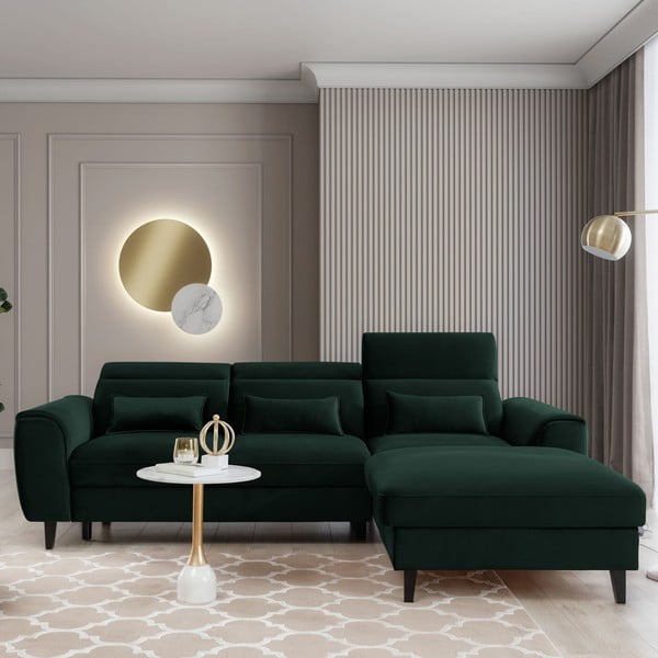 Sötétzöld bársony kinyitható-tárolóhelyes sarokkanapé (jobb oldali-heverő résszel) Foble – ELTAP-image-1