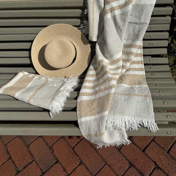 Bézs len strandtörölköző 85x140 cm Allure Stripe – Linen Tales-image-2