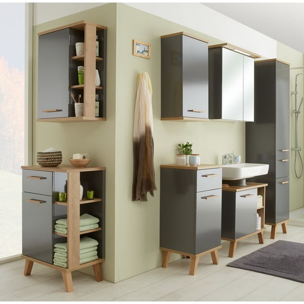 Szürke alacsony fürdőszoba szekrény tölgyfa dekorral 35,5x89,5 cm Quickset 924 – Pelipal-image-2