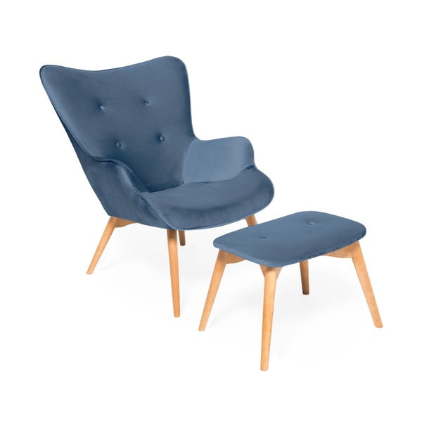 Cora Velvet kék fotel és lábtartó, természetes lábszerkezet - Vivonita