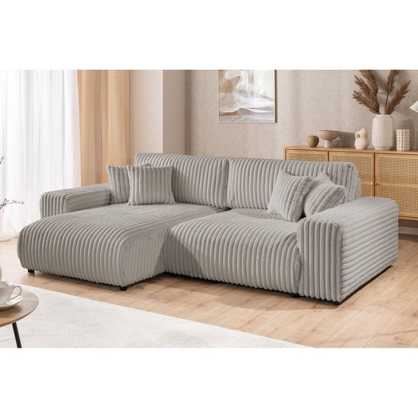Világosszürke kordbársony kinyitható-tárolóhelyes sarokkanapé (bal oldali) Sarina – Ropez-image-4