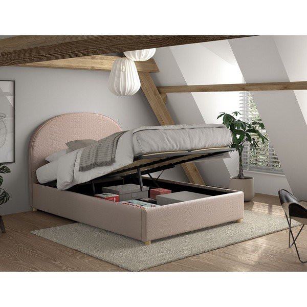 Rózsaszín kárpitozott ágyneműtartós franciaágy ágyráccsal 140x200 cm Moon – Vipack-image-2