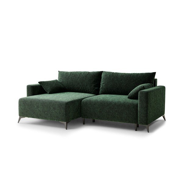 Sötétzöld zsenília kinyitható-tárolóhelyes sarokkanapé (bal oldali-heverő résszel) Leon – Maison de Rêve