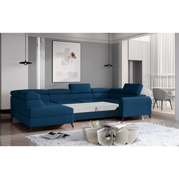 Kék bársony kinyitható-tárolóhelyes sarokkanapé (bal oldali-U alakú) Escada – ELTAP-image-2