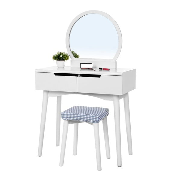 Fehér fa fésülködőasztal tükörrel, ülőkével és 2 fiókkal - Songmics