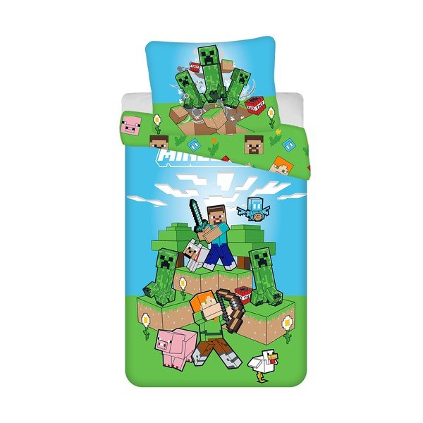 Zöld-kék egyszemélyes pamut gyerek ágyneműhuzat 140x200 cm Minecraft "Outdoor Mobs" – Jerry Fabrics