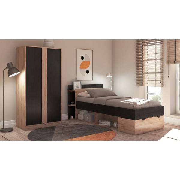 Fekete-natúr színű ágyneműtartós egyszemélyes ágy ágyrács nélkül, tölgyfa dekorral 90x200 cm Albo – Marckeric-image-1