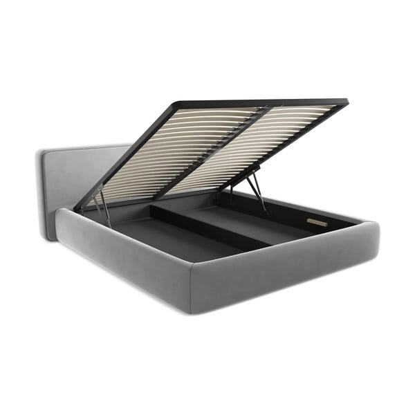 Szürke kárpitozott ágyneműtartós franciaágy ágyráccsal 180x200 cm Kiana – Makamii-image-3