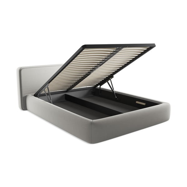 Világosszürke kárpitozott ágyneműtartós franciaágy ágyráccsal 160x200 cm Kiana – Makamii-image-3