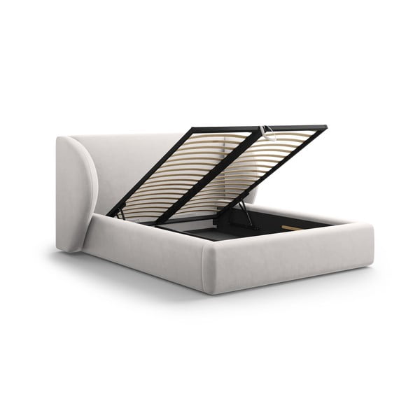 Világosszürke kárpitozott franciaágy tárolóhellyel, ágyráccsal 200x200 cm Miley – Micadoni Home-image-3