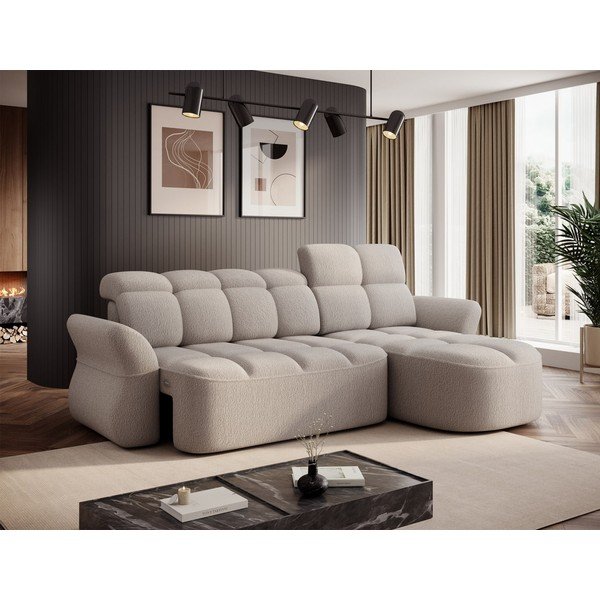 Bézs buklé kinyitható-tárolóhelyes sarokkanapé (jobb oldali-heverő résszel) Beneth – ELTAP-image-3