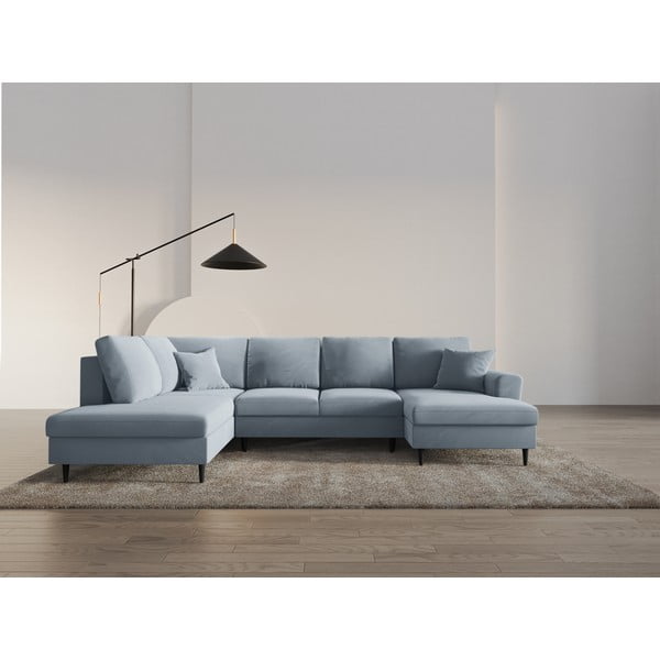 Világoskék bársony kinyitható tárolóhelyes sarokkanapé (bal oldali-U alakú) Kyoto – Cosmopolitan Design-image-2