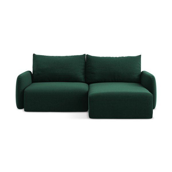 Sötétzöld bársony kinyitható-tárolóhelyes sarokkanapé (jobb oldali-heverő résszel) Kalena – Makamii
