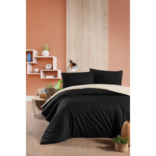 Fekete-krémszínű kétszemélyes-hosszabbított pamut ágyneműhuzat lepedővel 200x220 cm – Mila Home-image-1