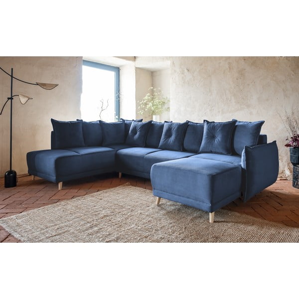 Sötétkék kordbársony kinyitható sarokkanapé (bal oldali-U alakú) Lazy Lukka – Miuform-image-3