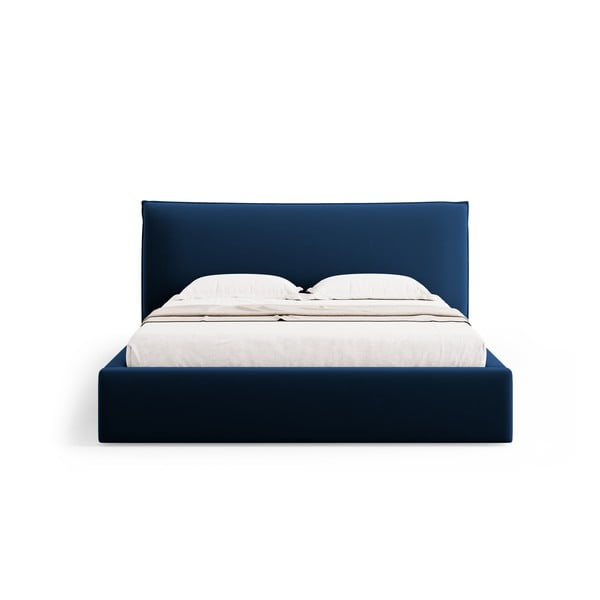 Sötétkék kárpitozott ágyneműtartós franciaágy ágyráccsal 160x200 cm Elio – Milo Casa-image-3