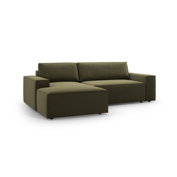 Zöld bársony kinyitható-tárolóhelyes sarokkanapé (bal oldali-heverő résszel) Jodie – Micadoni -image-3