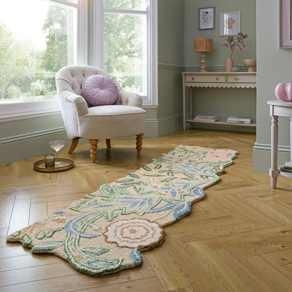Zöld kézi szövésű gyapjú futószőnyeg 60x230 cm Bryony Shaped Floral – Flair Rugs-image-1