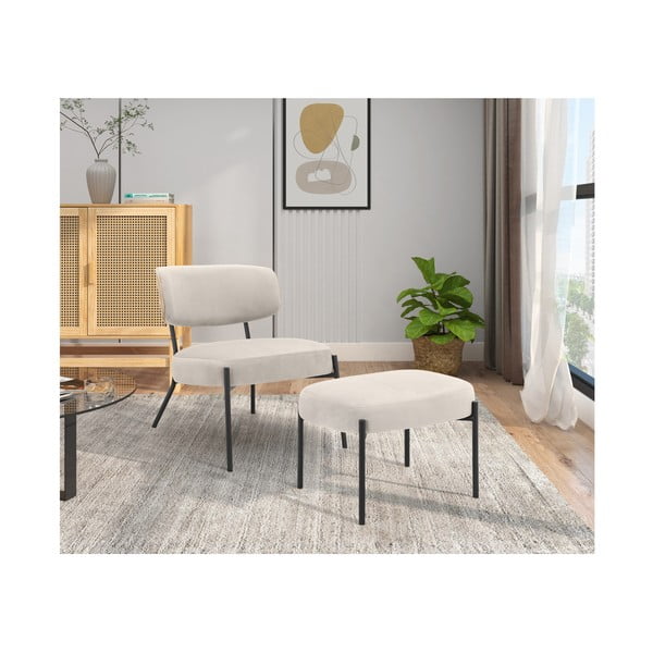 Krémszínű bársony fotel lábtartóval Jerry – Støraa-image-2