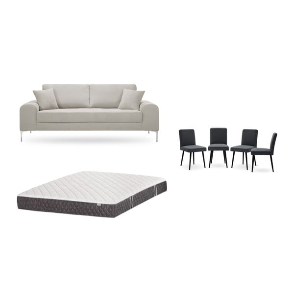 Krémszínű, háromszemélyes kanapé, 4 db antracit szürke szék, matrac (160 x 200 cm) szett - Home Essentials
