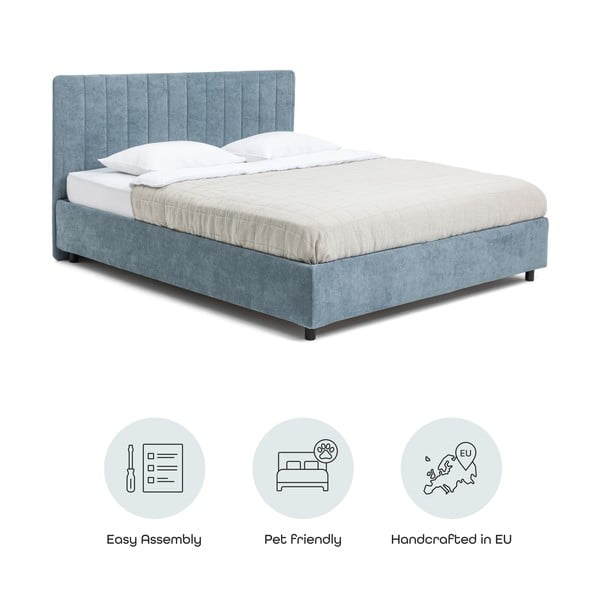 Kék kárpitozott ágyneműtartós franciaágy ágyráccsal 160x200 cm Myra Slim Line – Bonami Selection-image-4